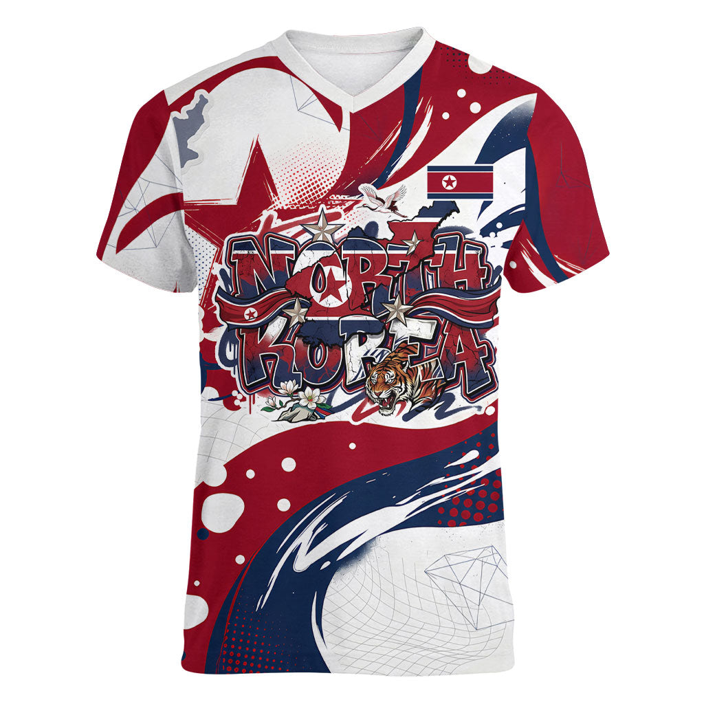 North Korea Flag Day Rise With The Flag Women V-Neck T-Shirt Dynamic Red Star Paint Splatter With Tiger