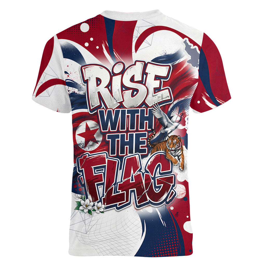 North Korea Flag Day Rise With The Flag Women V-Neck T-Shirt Dynamic Red Star Paint Splatter With Tiger