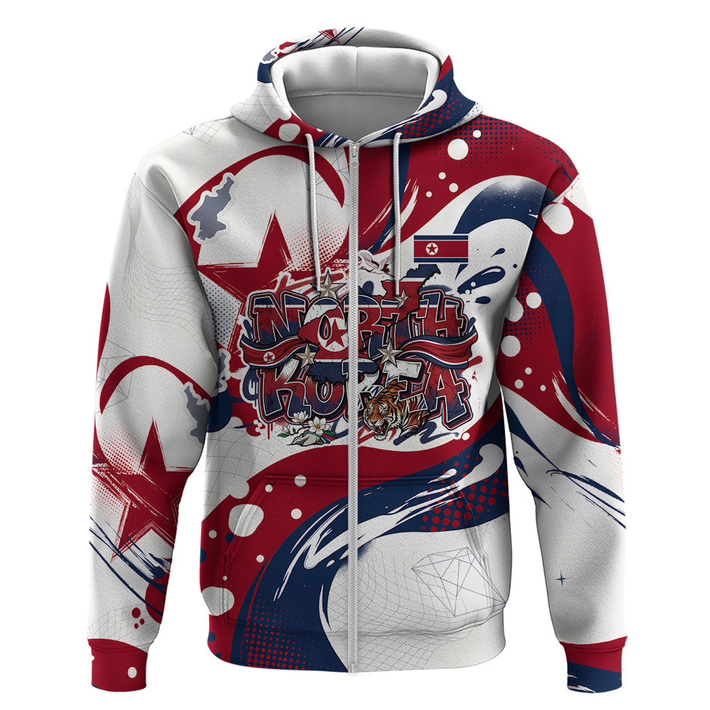 North Korea Flag Day Rise With The Flag Zip Hoodie Dynamic Red Star Paint Splatter With Tiger