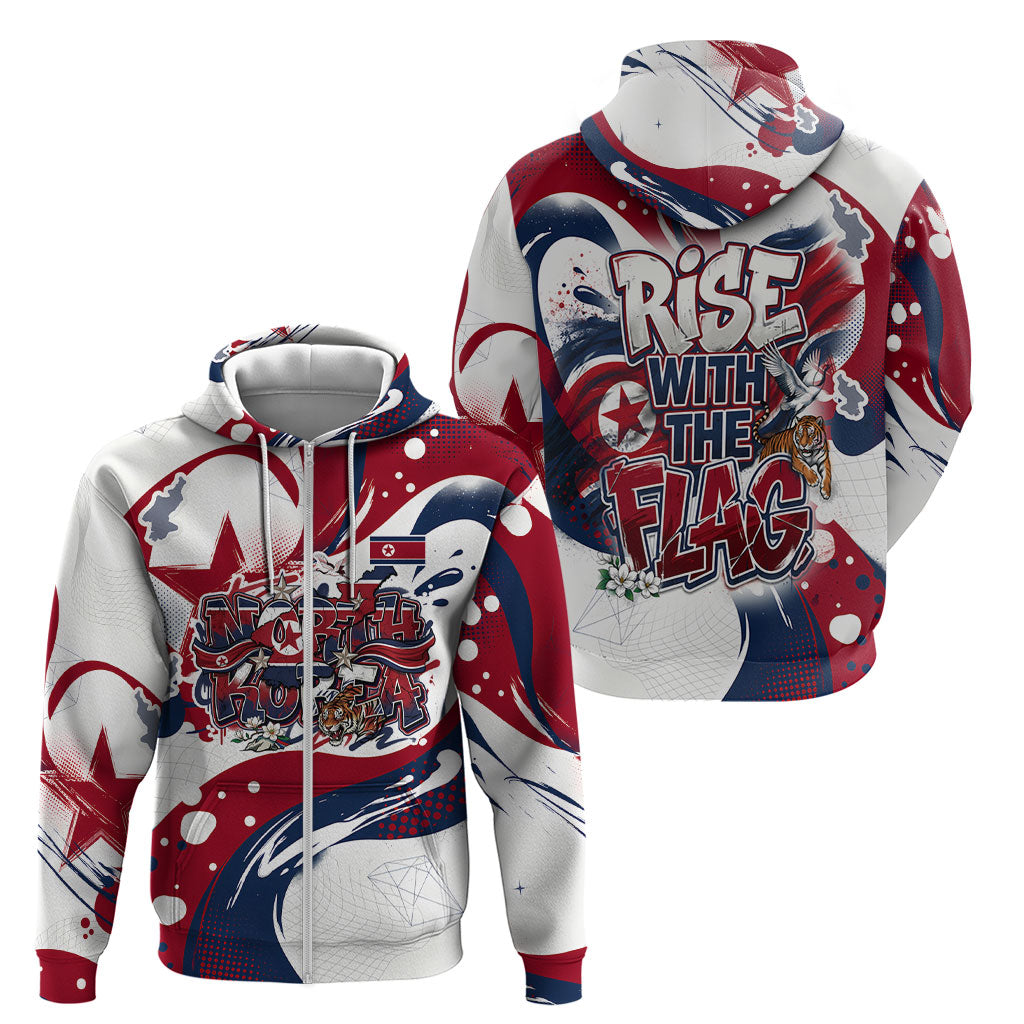 North Korea Flag Day Rise With The Flag Zip Hoodie Dynamic Red Star Paint Splatter With Tiger