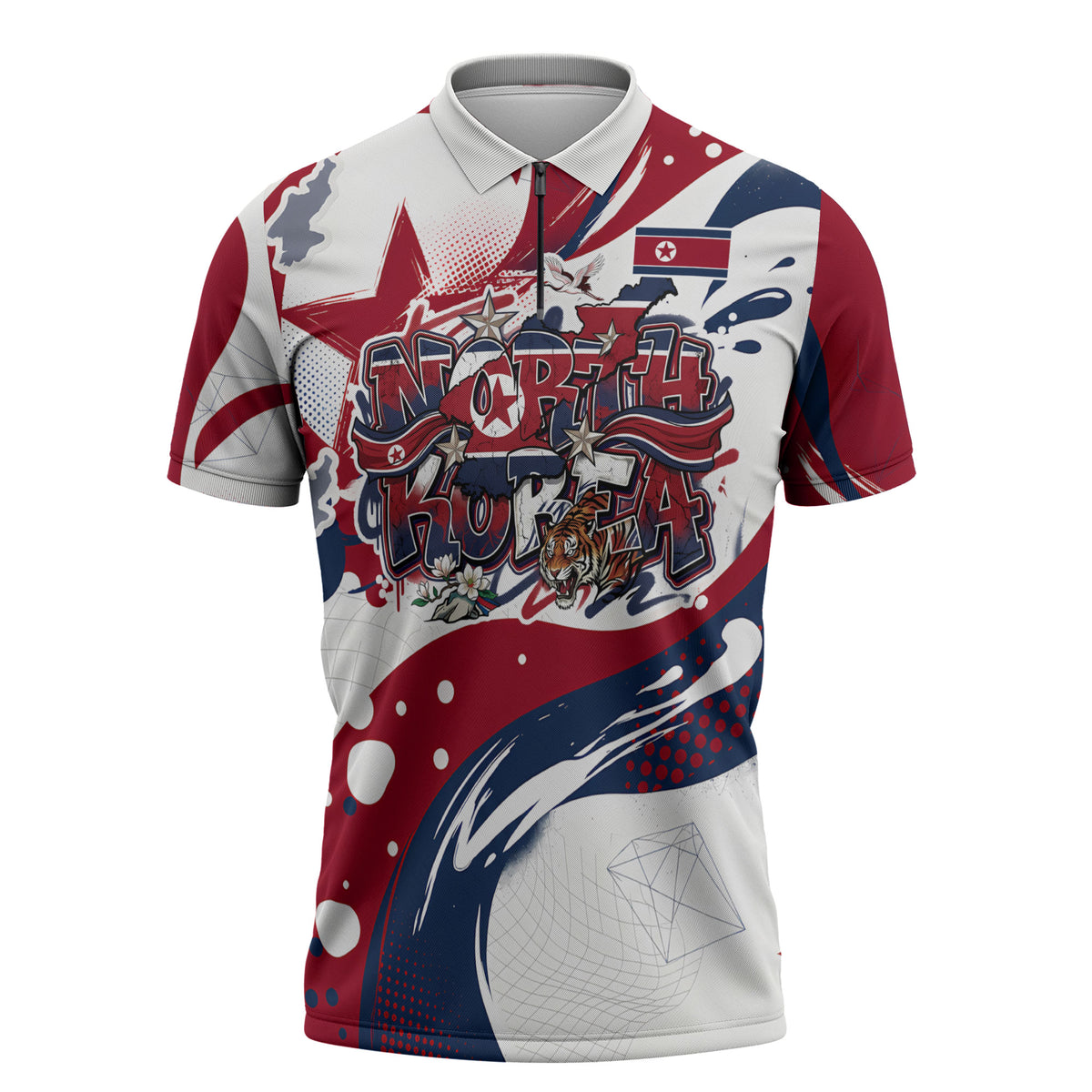 North Korea Flag Day Rise With The Flag Zipper Polo Shirt Dynamic Red Star Paint Splatter With Tiger
