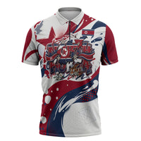 North Korea Flag Day Rise With The Flag Zipper Polo Shirt Dynamic Red Star Paint Splatter With Tiger