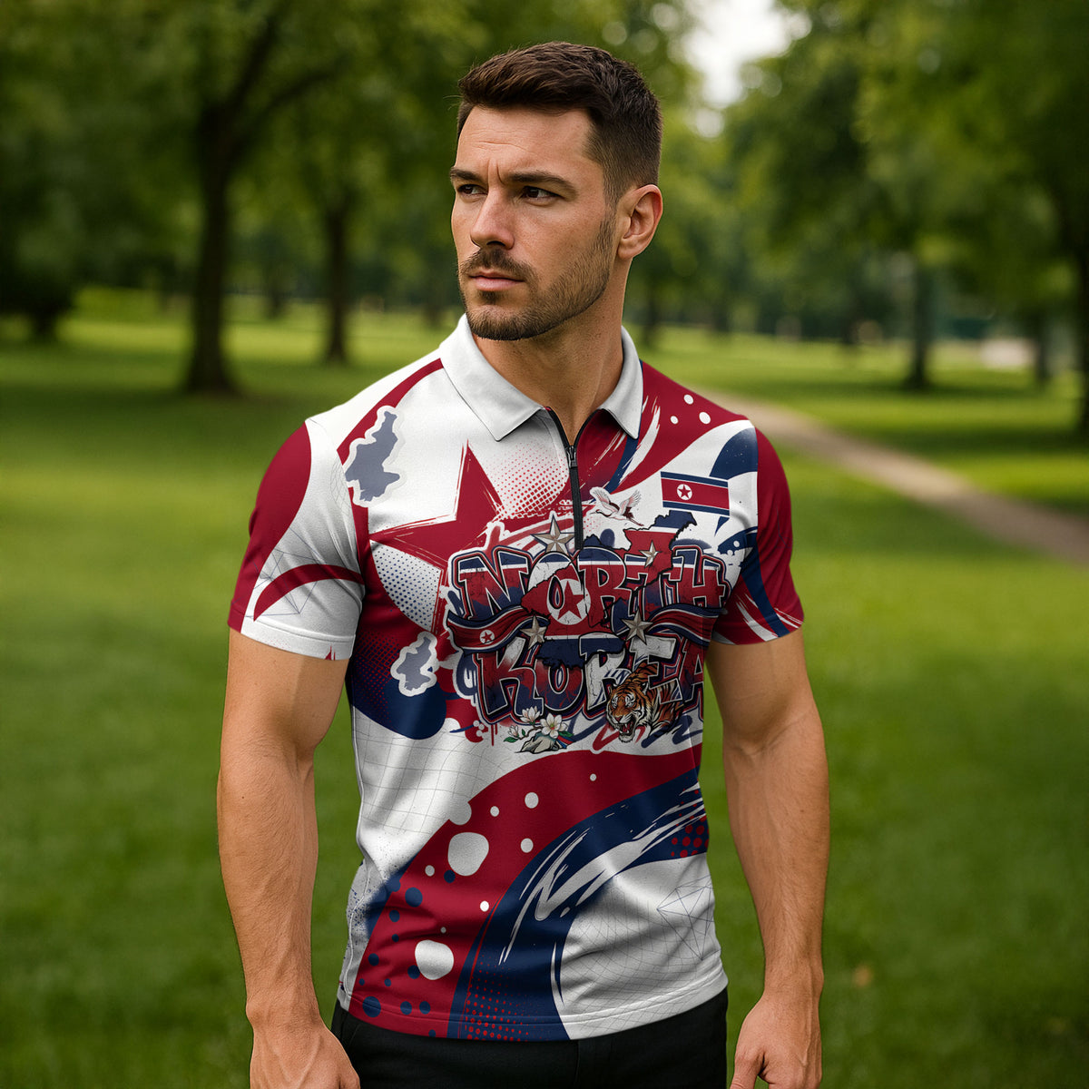 North Korea Flag Day Rise With The Flag Zipper Polo Shirt Dynamic Red Star Paint Splatter With Tiger