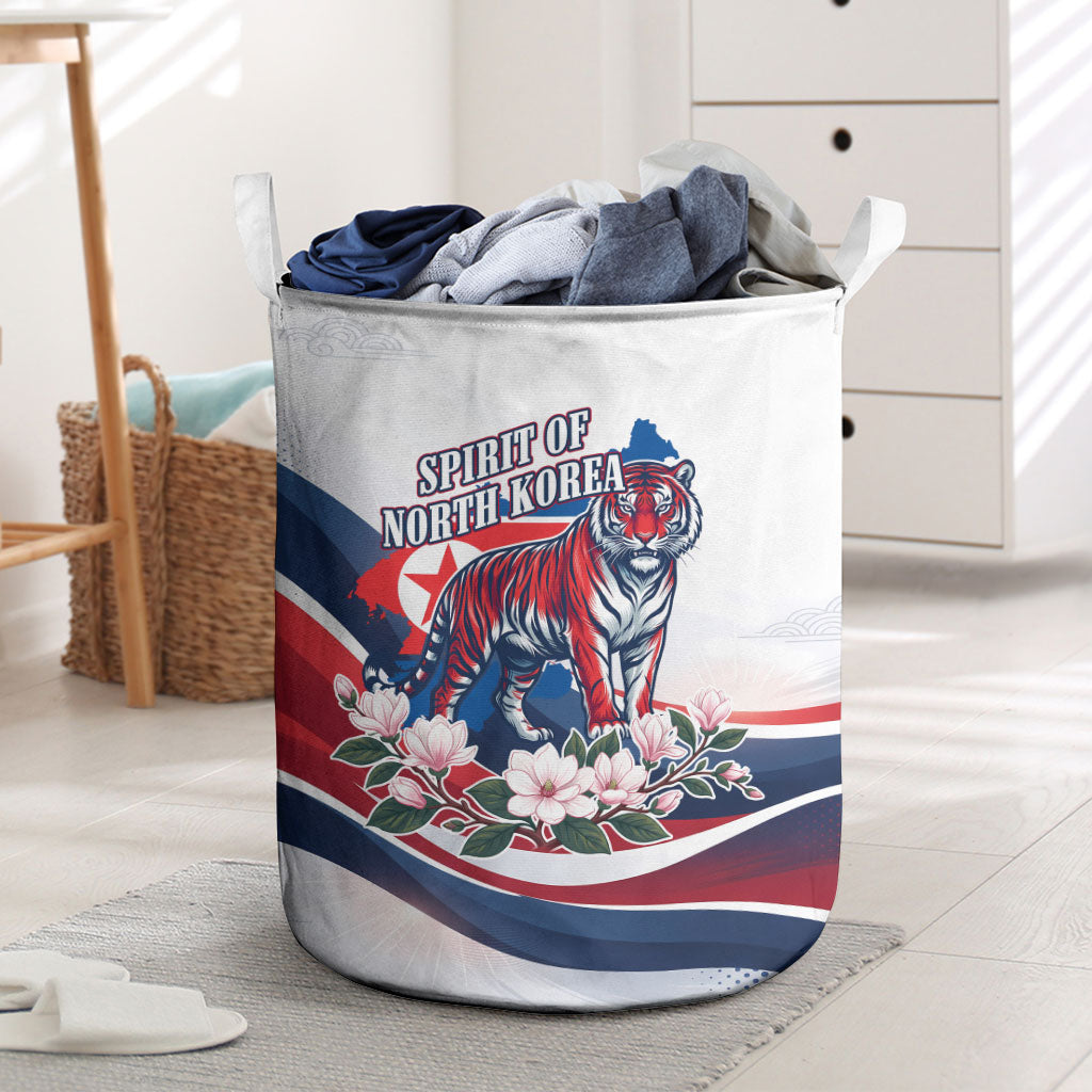 North Korea Flag Day Spirit Of North Korea Laundry Basket Flying Crane Graphic With Tiger Portrait And Magnolia Flowers