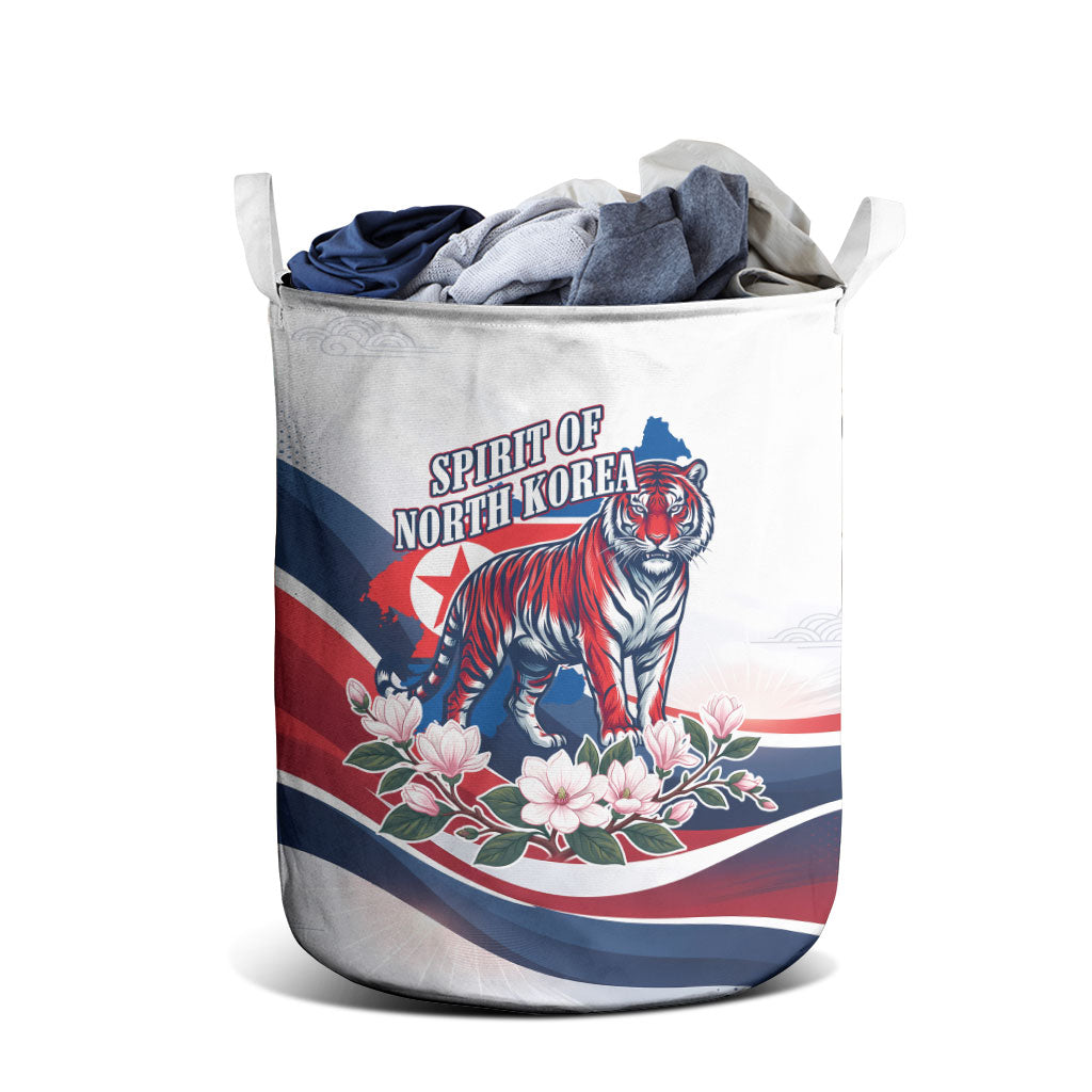 North Korea Flag Day Spirit Of North Korea Laundry Basket Flying Crane Graphic With Tiger Portrait And Magnolia Flowers