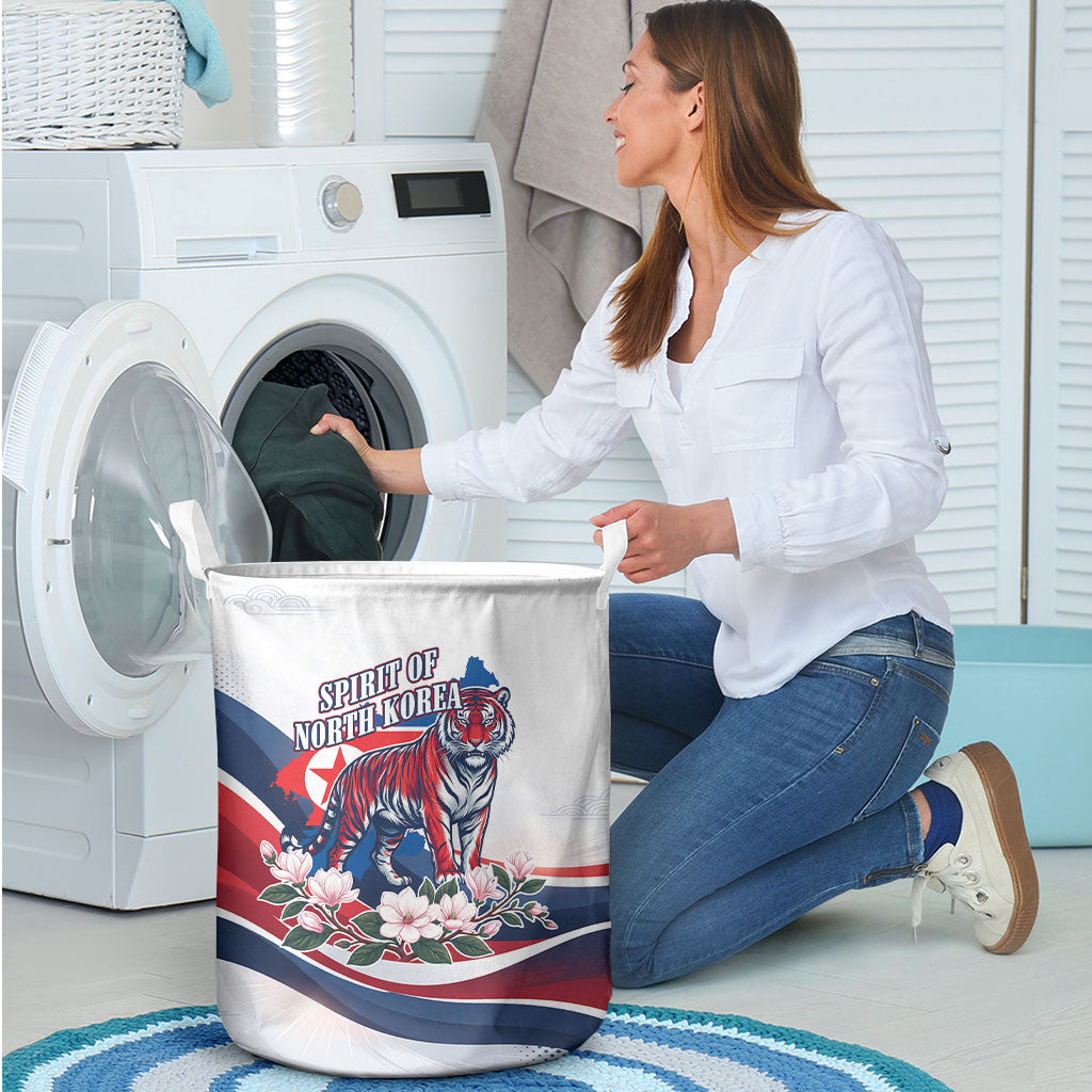 North Korea Flag Day Spirit Of North Korea Laundry Basket Flying Crane Graphic With Tiger Portrait And Magnolia Flowers