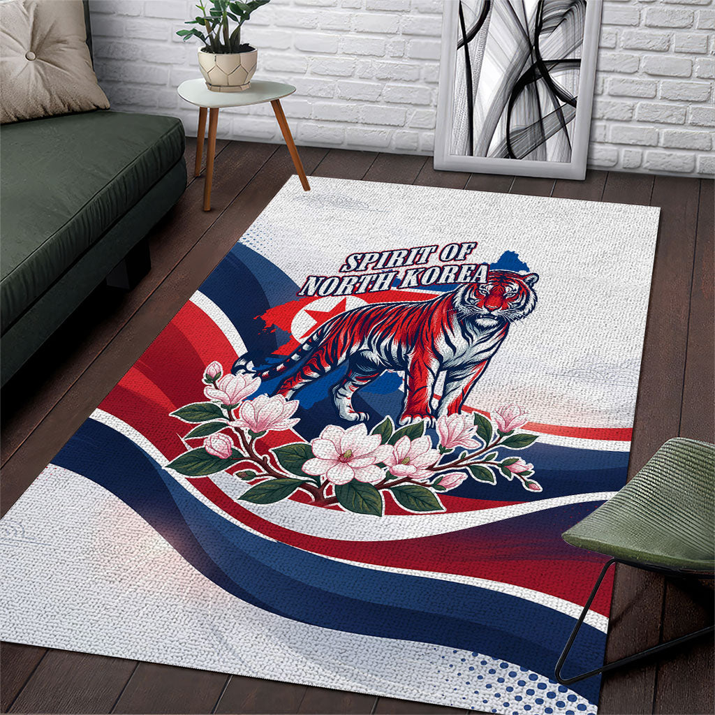 North Korea Flag Day Spirit Of North Korea Area Rug Flying Crane Graphic With Tiger Portrait And Magnolia Flowers