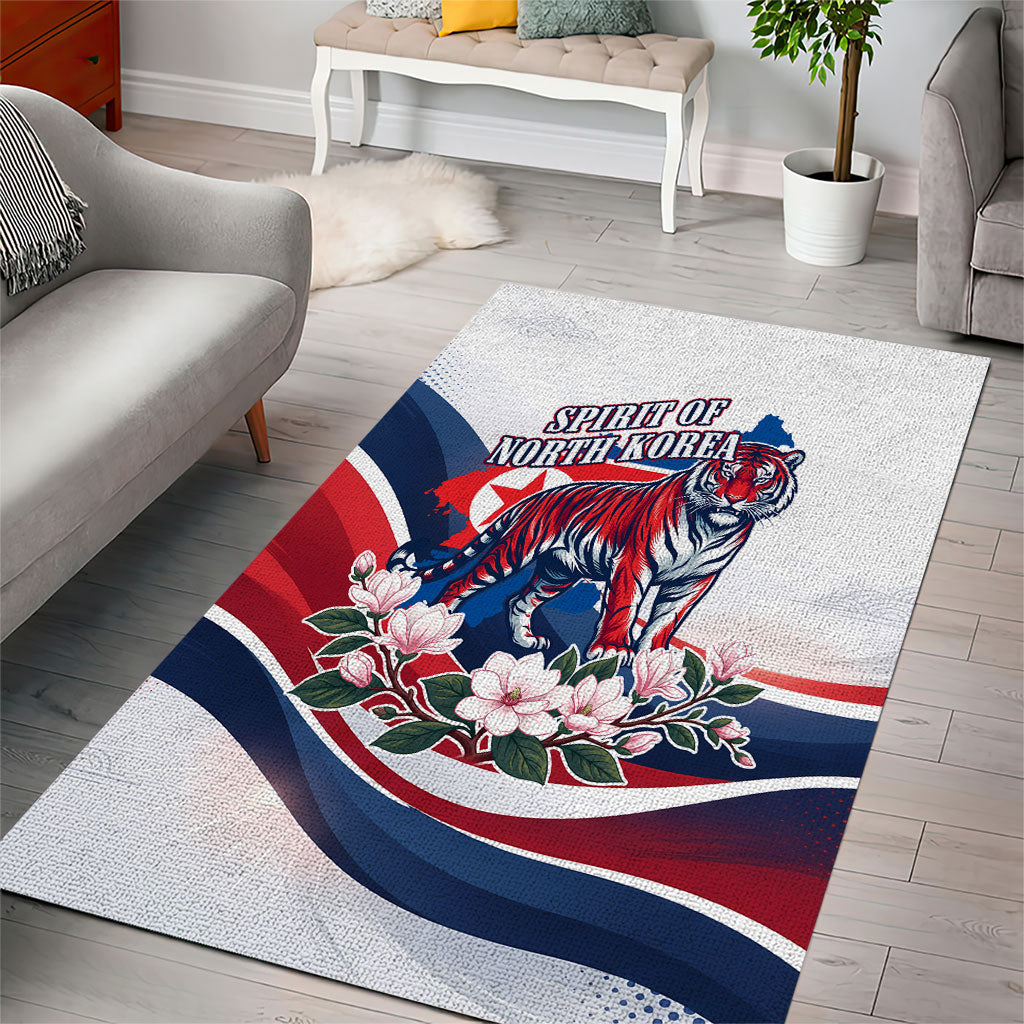 North Korea Flag Day Spirit Of North Korea Area Rug Flying Crane Graphic With Tiger Portrait And Magnolia Flowers