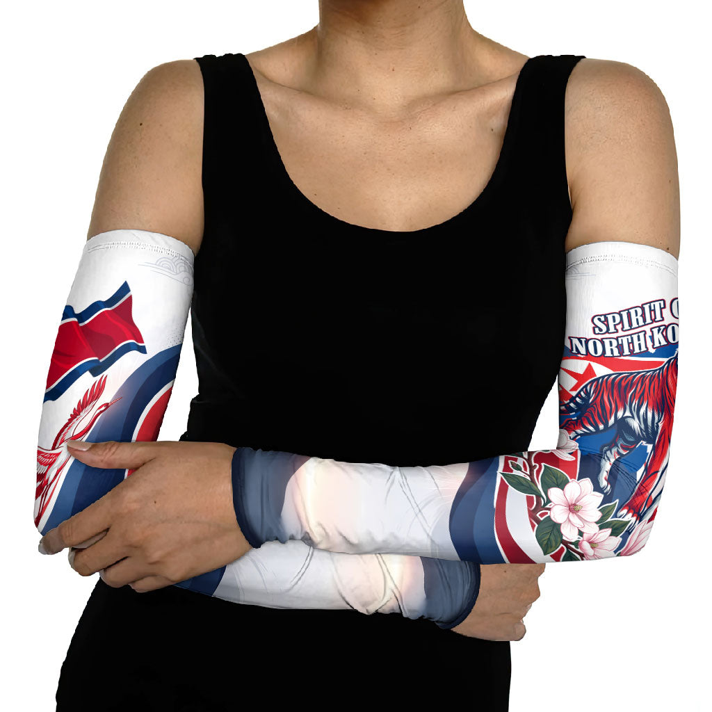 North Korea Flag Day Spirit Of North Korea Arm Sleeves Flying Crane Graphic With Tiger Portrait And Magnolia Flowers