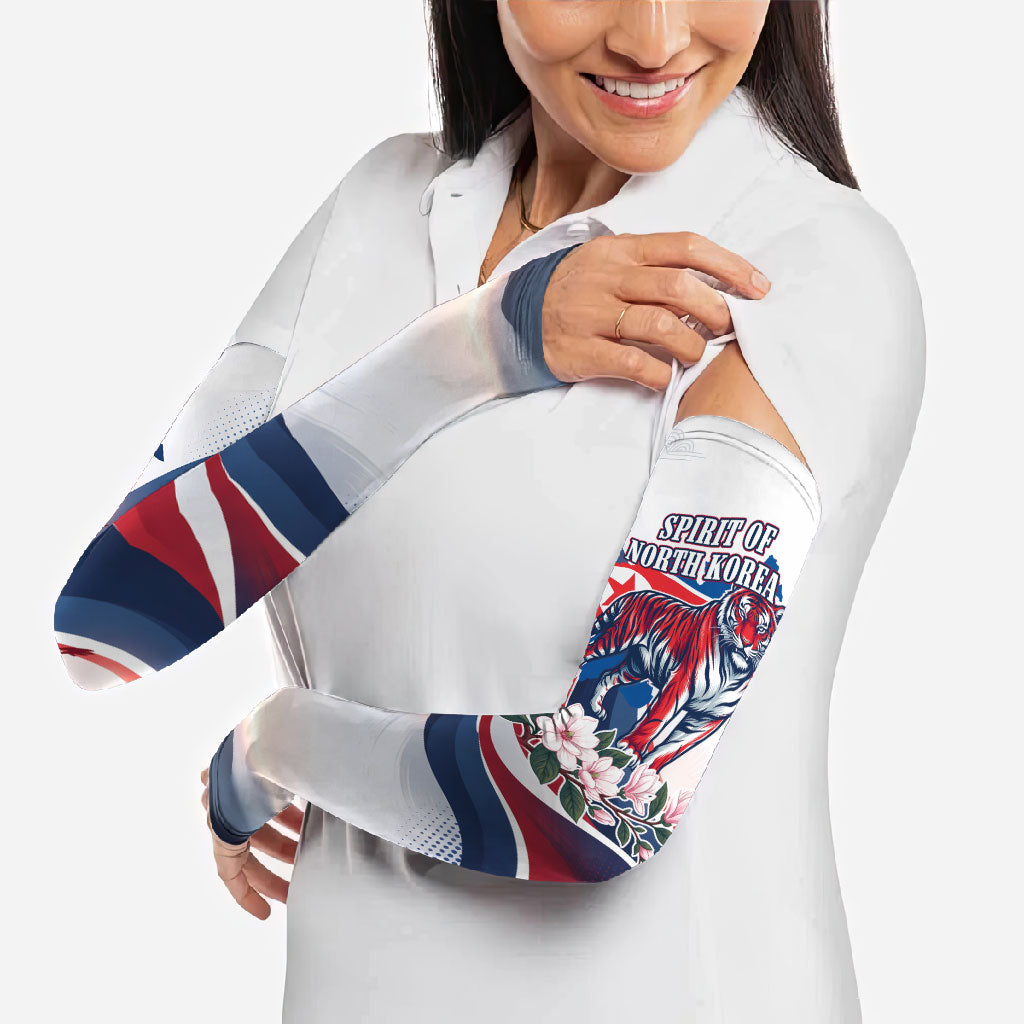 North Korea Flag Day Spirit Of North Korea Arm Sleeves Flying Crane Graphic With Tiger Portrait And Magnolia Flowers
