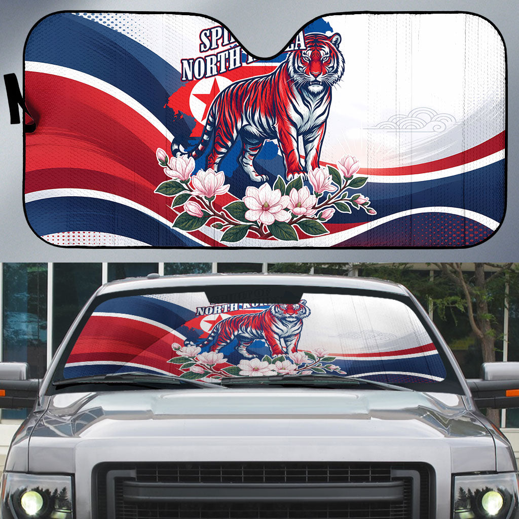 North Korea Flag Day Spirit Of North Korea Auto Sun Shade Flying Crane Graphic With Tiger Portrait And Magnolia Flowers