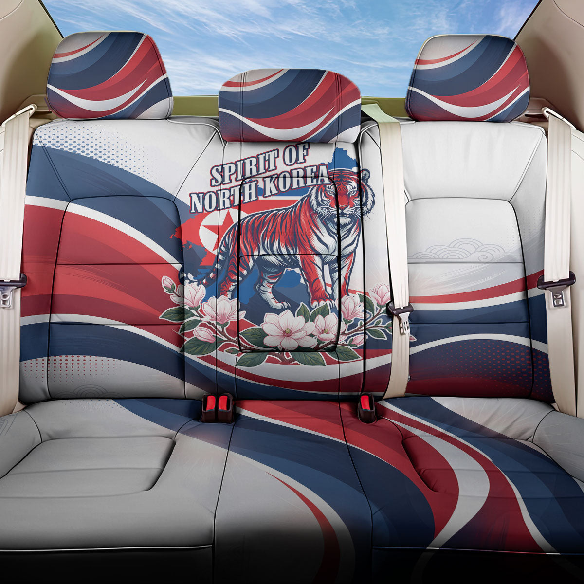 North Korea Flag Day Spirit Of North Korea Back Car Seat Cover Flying Crane Graphic With Tiger Portrait And Magnolia Flowers