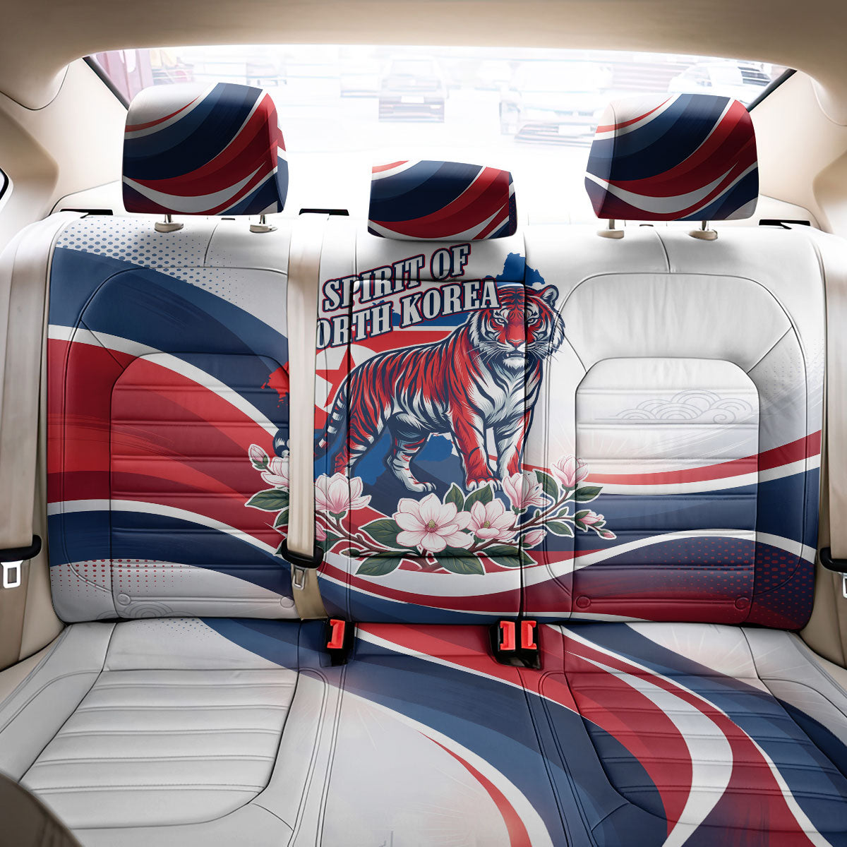 North Korea Flag Day Spirit Of North Korea Back Car Seat Cover Flying Crane Graphic With Tiger Portrait And Magnolia Flowers