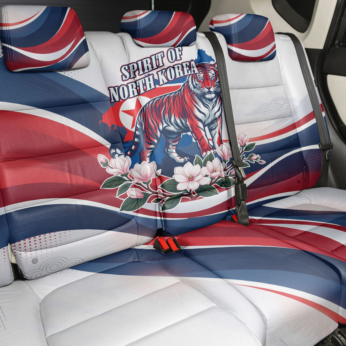North Korea Flag Day Spirit Of North Korea Back Car Seat Cover Flying Crane Graphic With Tiger Portrait And Magnolia Flowers
