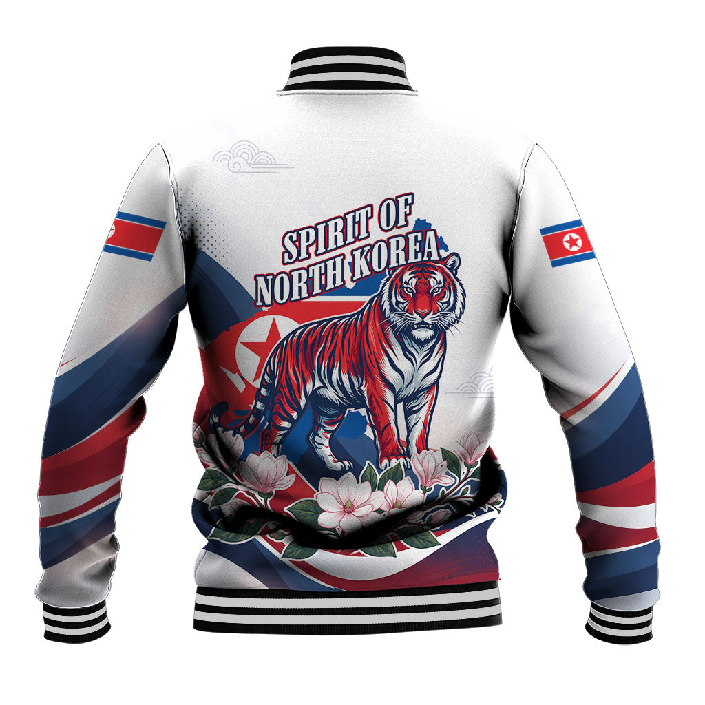 North Korea Flag Day Spirit Of North Korea Baseball Jacket Flying Crane Graphic With Tiger Portrait And Magnolia Flowers