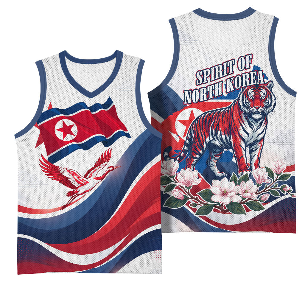 North Korea Flag Day Spirit Of North Korea Basketball Jersey Flying Crane Graphic With Tiger Portrait And Magnolia Flowers