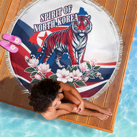 North Korea Flag Day Spirit Of North Korea Beach Blanket Flying Crane Graphic With Tiger Portrait And Magnolia Flowers
