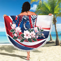 North Korea Flag Day Spirit Of North Korea Beach Blanket Flying Crane Graphic With Tiger Portrait And Magnolia Flowers