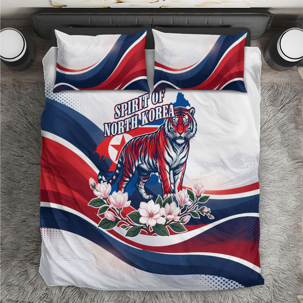 North Korea Flag Day Spirit Of North Korea Bedding Set Flying Crane Graphic With Tiger Portrait And Magnolia Flowers