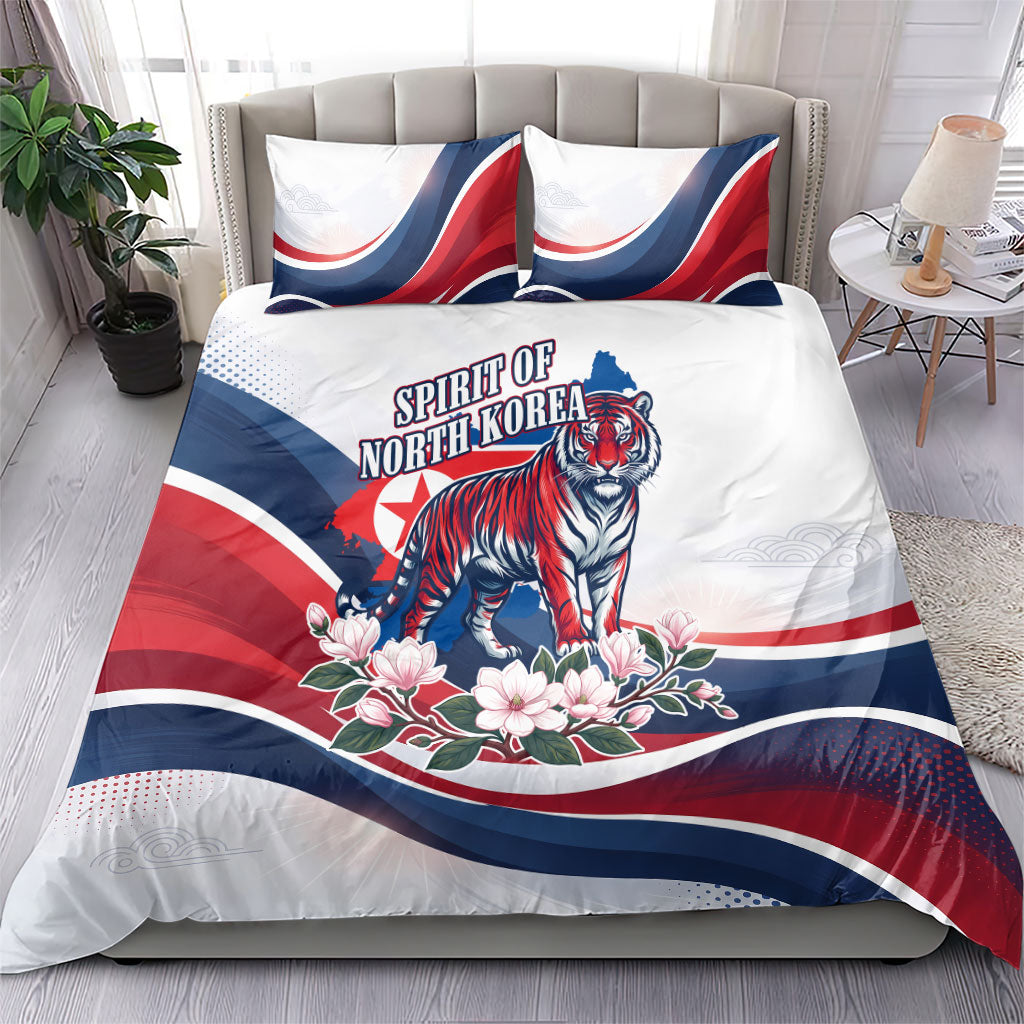 North Korea Flag Day Spirit Of North Korea Bedding Set Flying Crane Graphic With Tiger Portrait And Magnolia Flowers
