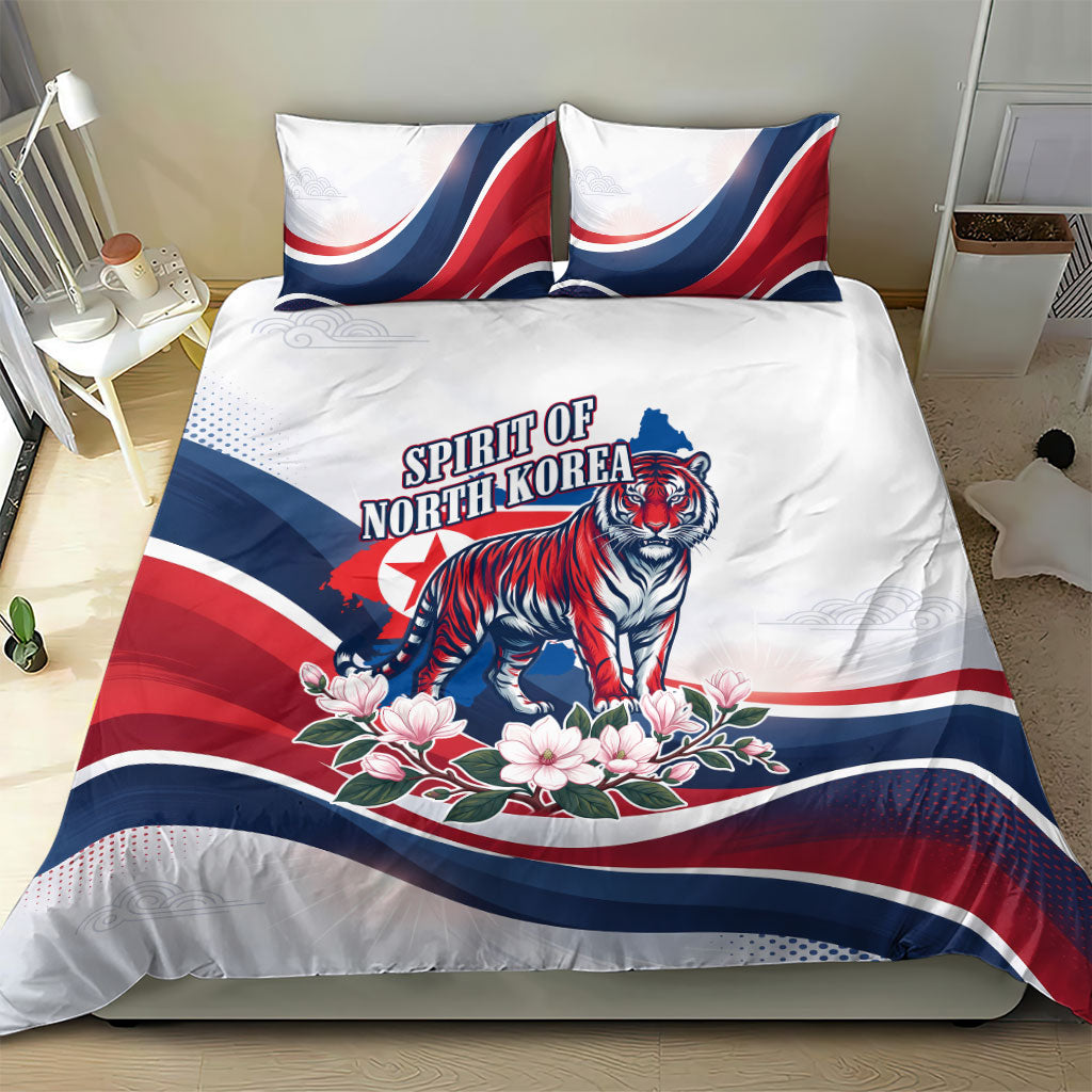 North Korea Flag Day Spirit Of North Korea Bedding Set Flying Crane Graphic With Tiger Portrait And Magnolia Flowers