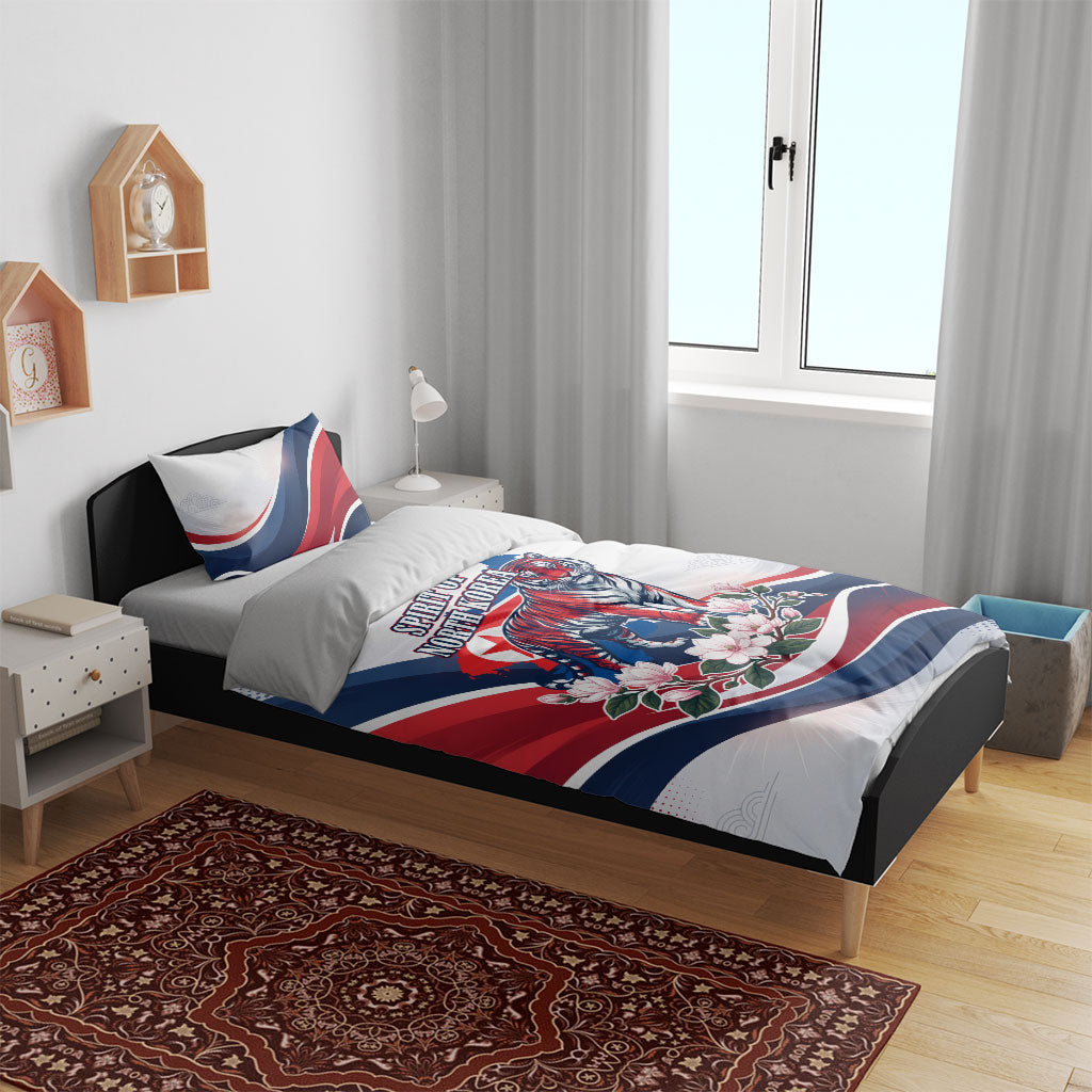 North Korea Flag Day Spirit Of North Korea Bedding Set Flying Crane Graphic With Tiger Portrait And Magnolia Flowers