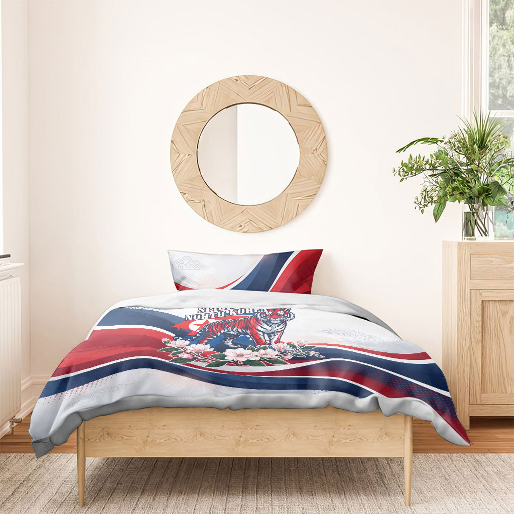 North Korea Flag Day Spirit Of North Korea Bedding Set Flying Crane Graphic With Tiger Portrait And Magnolia Flowers