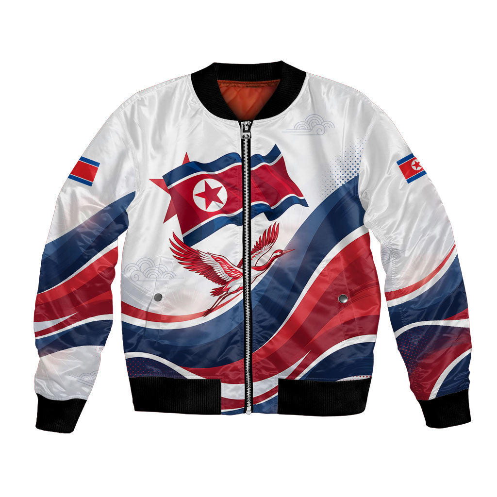 North Korea Flag Day Spirit Of North Korea Bomber Jacket Flying Crane Graphic With Tiger Portrait And Magnolia Flowers