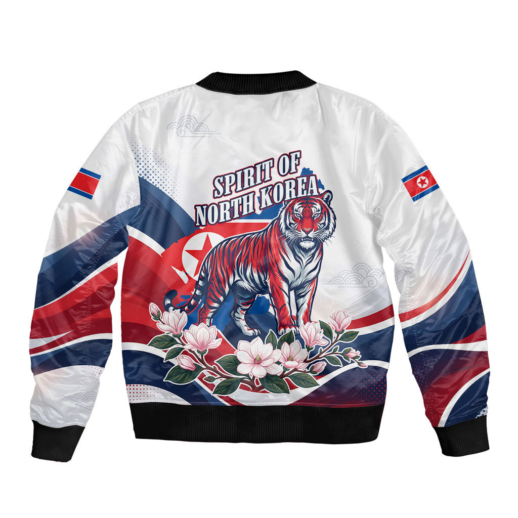North Korea Flag Day Spirit Of North Korea Bomber Jacket Flying Crane Graphic With Tiger Portrait And Magnolia Flowers