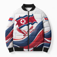 North Korea Flag Day Spirit Of North Korea Bomber Puffer Jacket Flying Crane Graphic With Tiger Portrait And Magnolia Flowers