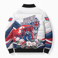 North Korea Flag Day Spirit Of North Korea Bomber Puffer Jacket Flying Crane Graphic With Tiger Portrait And Magnolia Flowers