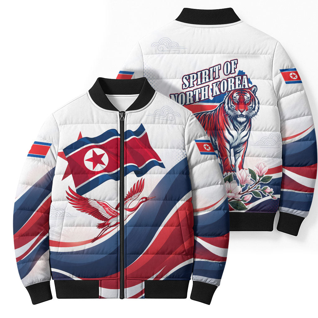 North Korea Flag Day Spirit Of North Korea Bomber Puffer Jacket Flying Crane Graphic With Tiger Portrait And Magnolia Flowers