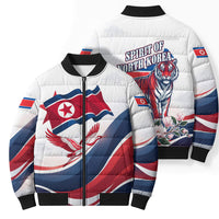 North Korea Flag Day Spirit Of North Korea Bomber Puffer Jacket Flying Crane Graphic With Tiger Portrait And Magnolia Flowers