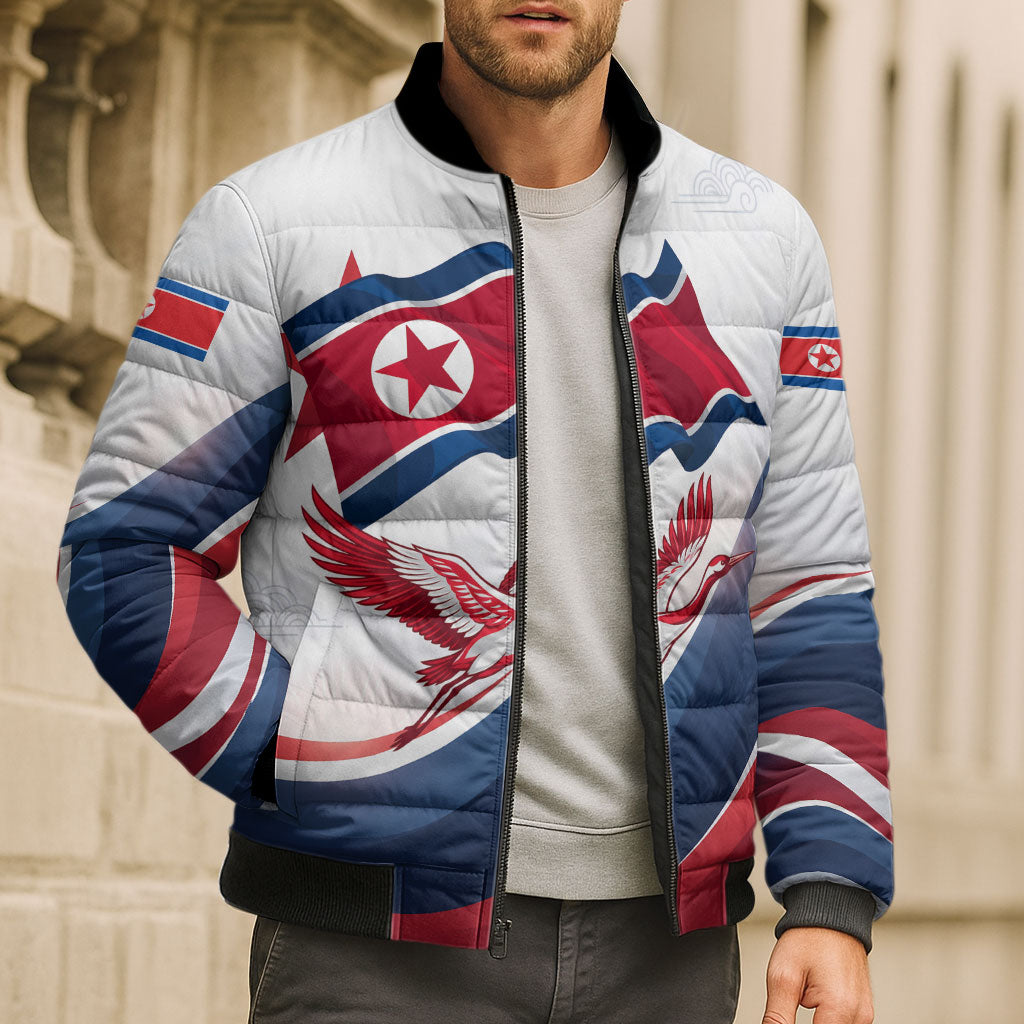North Korea Flag Day Spirit Of North Korea Bomber Puffer Jacket Flying Crane Graphic With Tiger Portrait And Magnolia Flowers