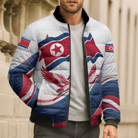 North Korea Flag Day Spirit Of North Korea Bomber Puffer Jacket Flying Crane Graphic With Tiger Portrait And Magnolia Flowers