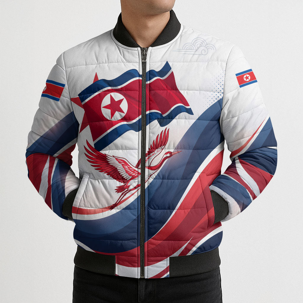 North Korea Flag Day Spirit Of North Korea Bomber Puffer Jacket Flying Crane Graphic With Tiger Portrait And Magnolia Flowers