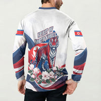 North Korea Flag Day Spirit Of North Korea Button Sweatshirt Flying Crane Graphic With Tiger Portrait And Magnolia Flowers