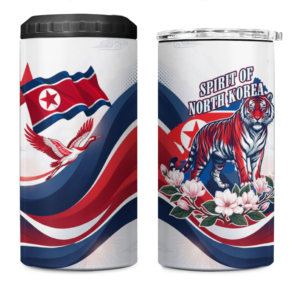 North Korea Flag Day Spirit Of North Korea 4 in 1 Can Cooler Tumbler Flying Crane Graphic With Tiger Portrait And Magnolia Flowers