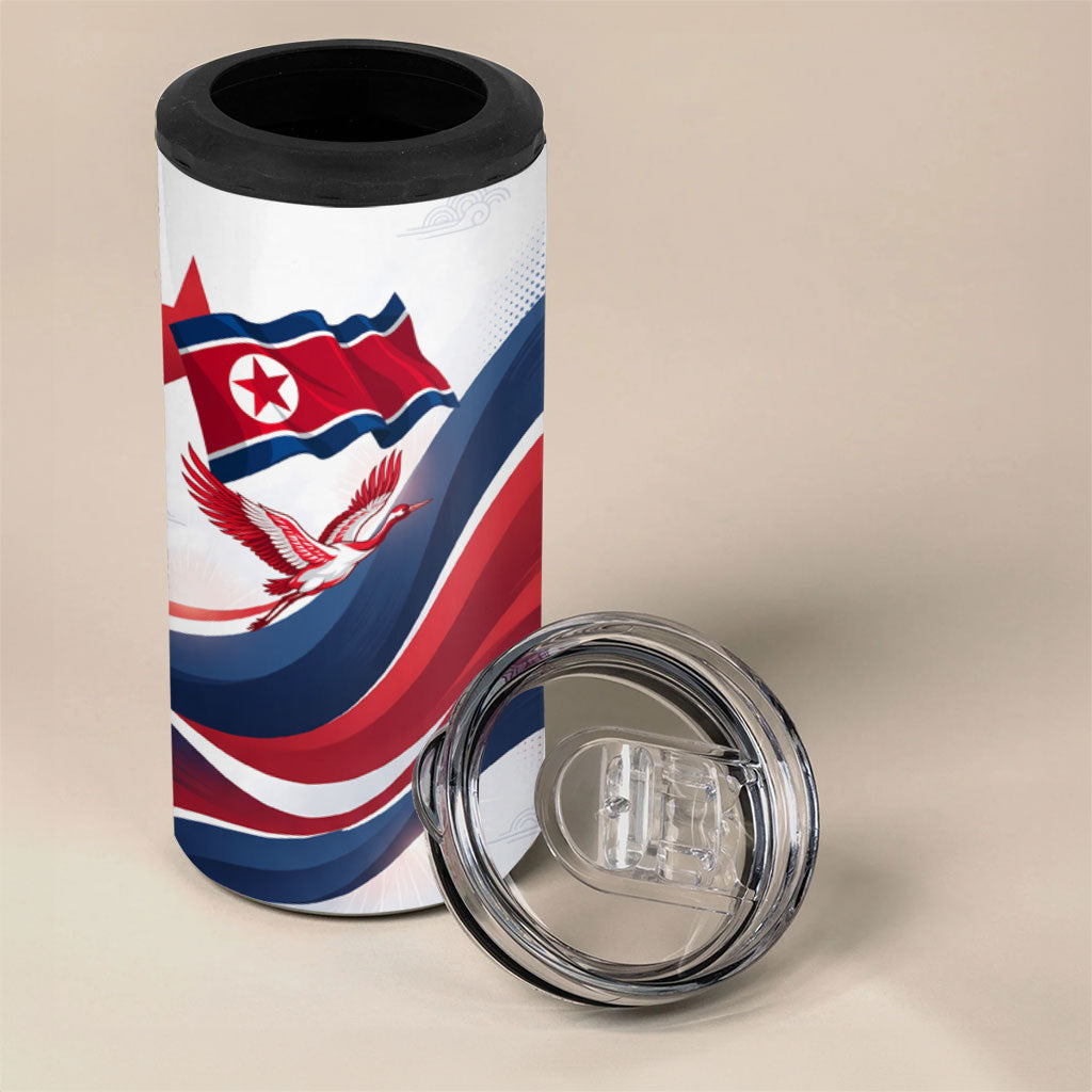 North Korea Flag Day Spirit Of North Korea 4 in 1 Can Cooler Tumbler Flying Crane Graphic With Tiger Portrait And Magnolia Flowers