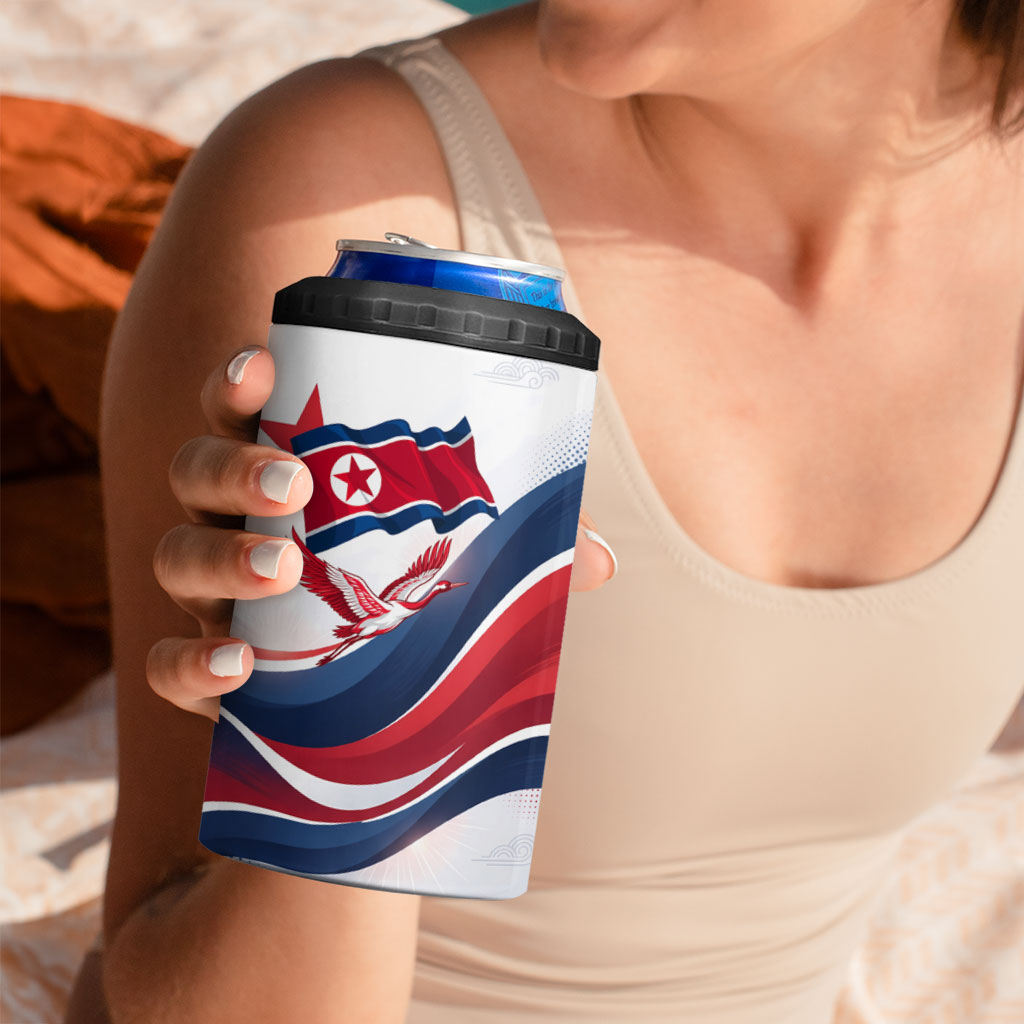 North Korea Flag Day Spirit Of North Korea 4 in 1 Can Cooler Tumbler Flying Crane Graphic With Tiger Portrait And Magnolia Flowers