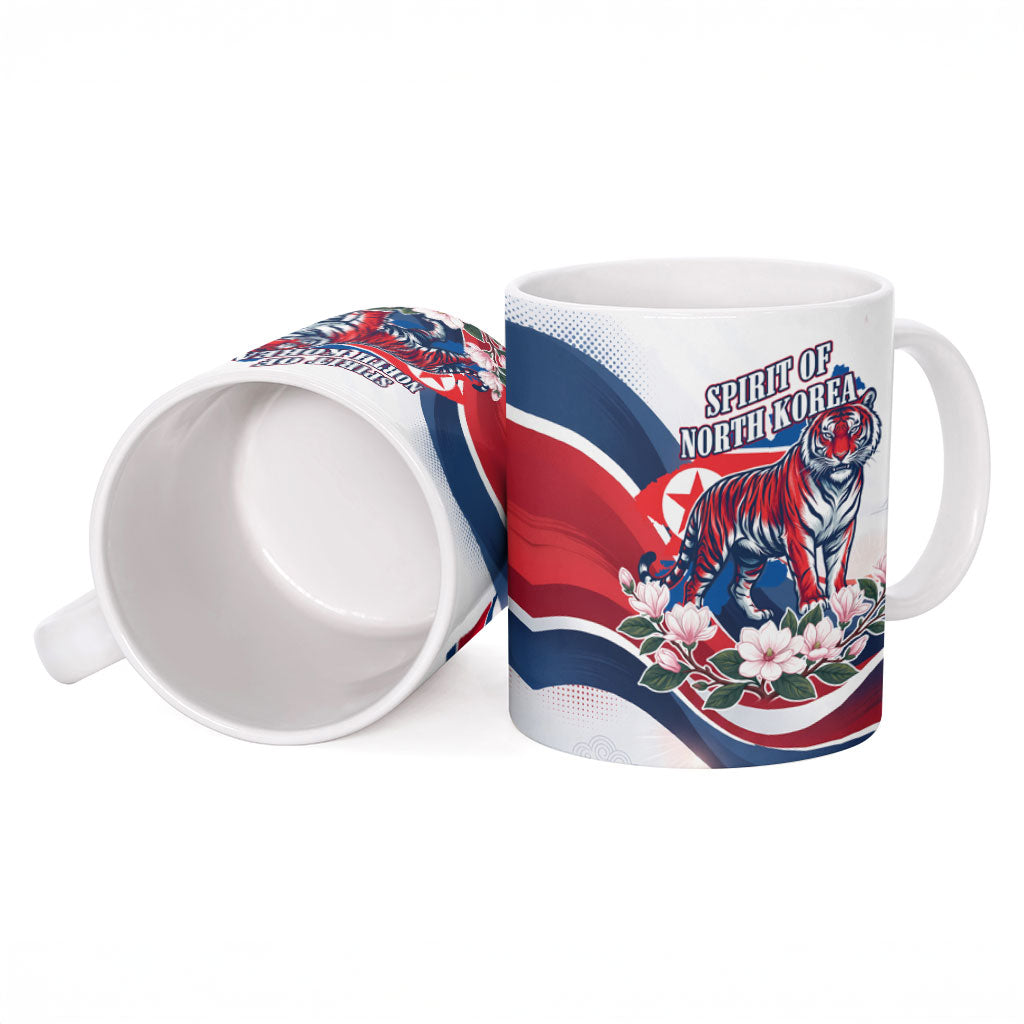 North Korea Flag Day Spirit Of North Korea Ceramic Mug Flying Crane Graphic With Tiger Portrait And Magnolia Flowers