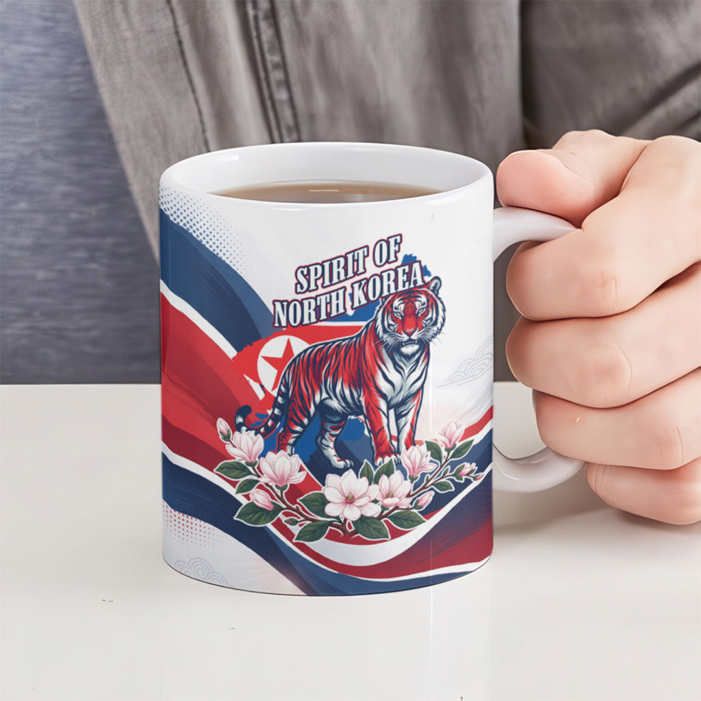 North Korea Flag Day Spirit Of North Korea Ceramic Mug Flying Crane Graphic With Tiger Portrait And Magnolia Flowers