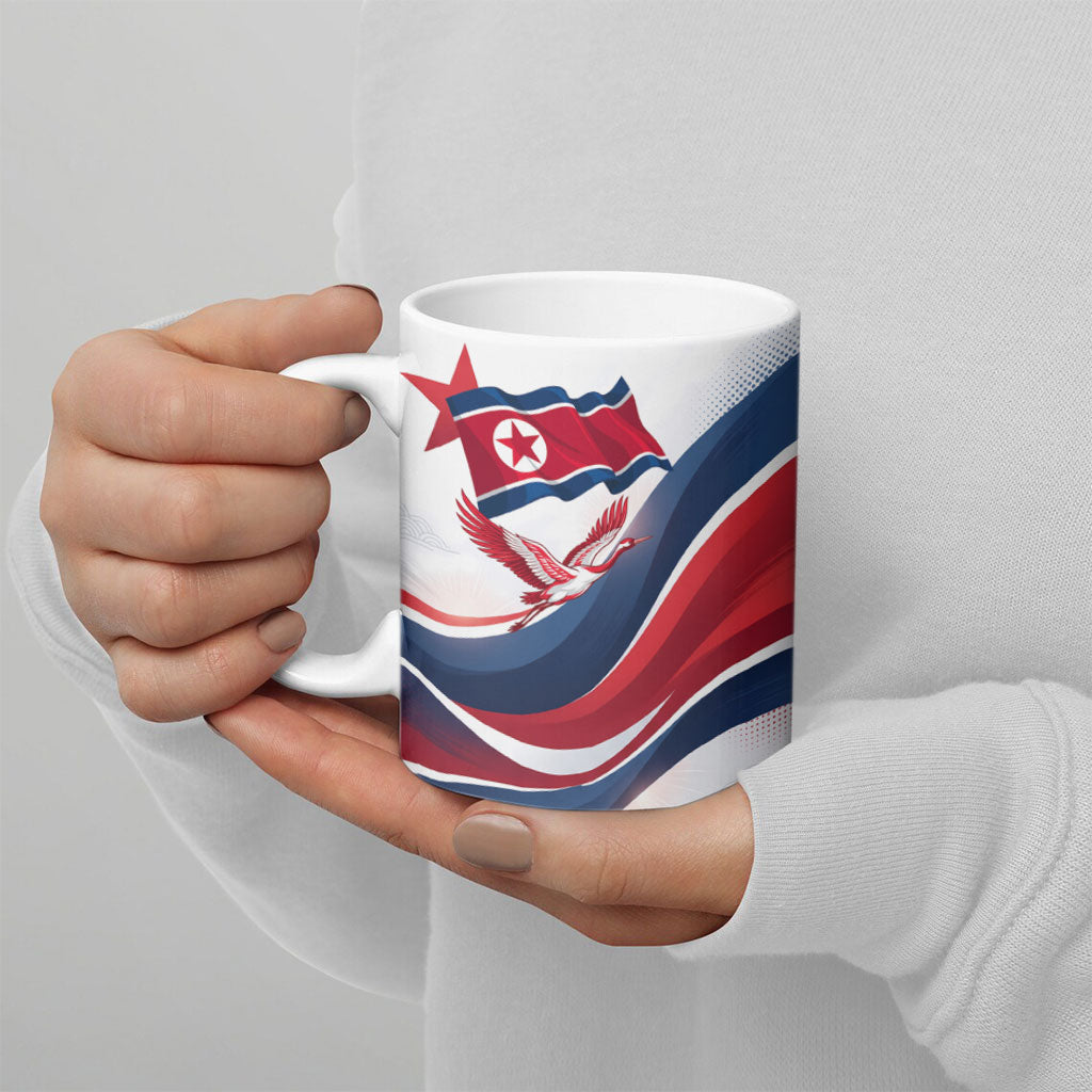 North Korea Flag Day Spirit Of North Korea Ceramic Mug Flying Crane Graphic With Tiger Portrait And Magnolia Flowers