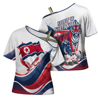 North Korea Flag Day Spirit Of North Korea Cross Shoulder Shirt Flying Crane Graphic With Tiger Portrait And Magnolia Flowers