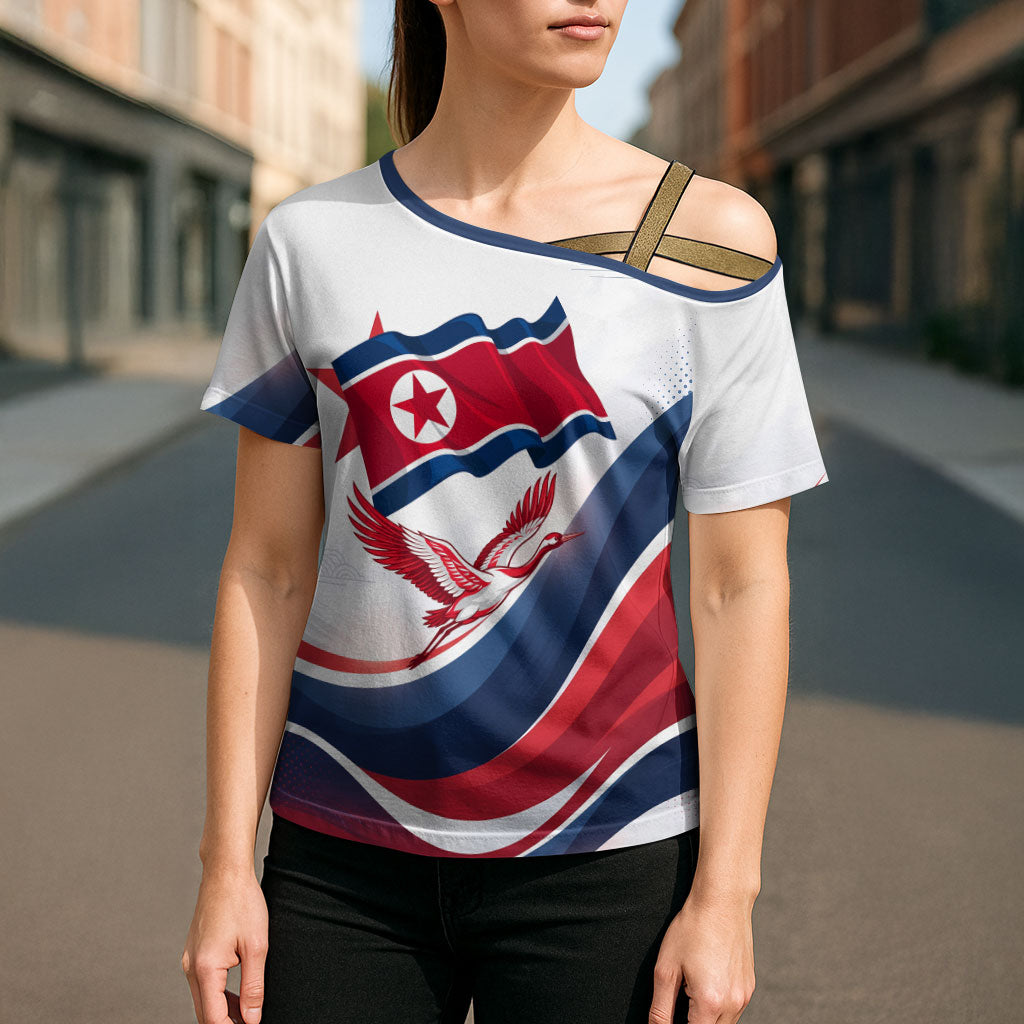 North Korea Flag Day Spirit Of North Korea Cross Shoulder Shirt Flying Crane Graphic With Tiger Portrait And Magnolia Flowers
