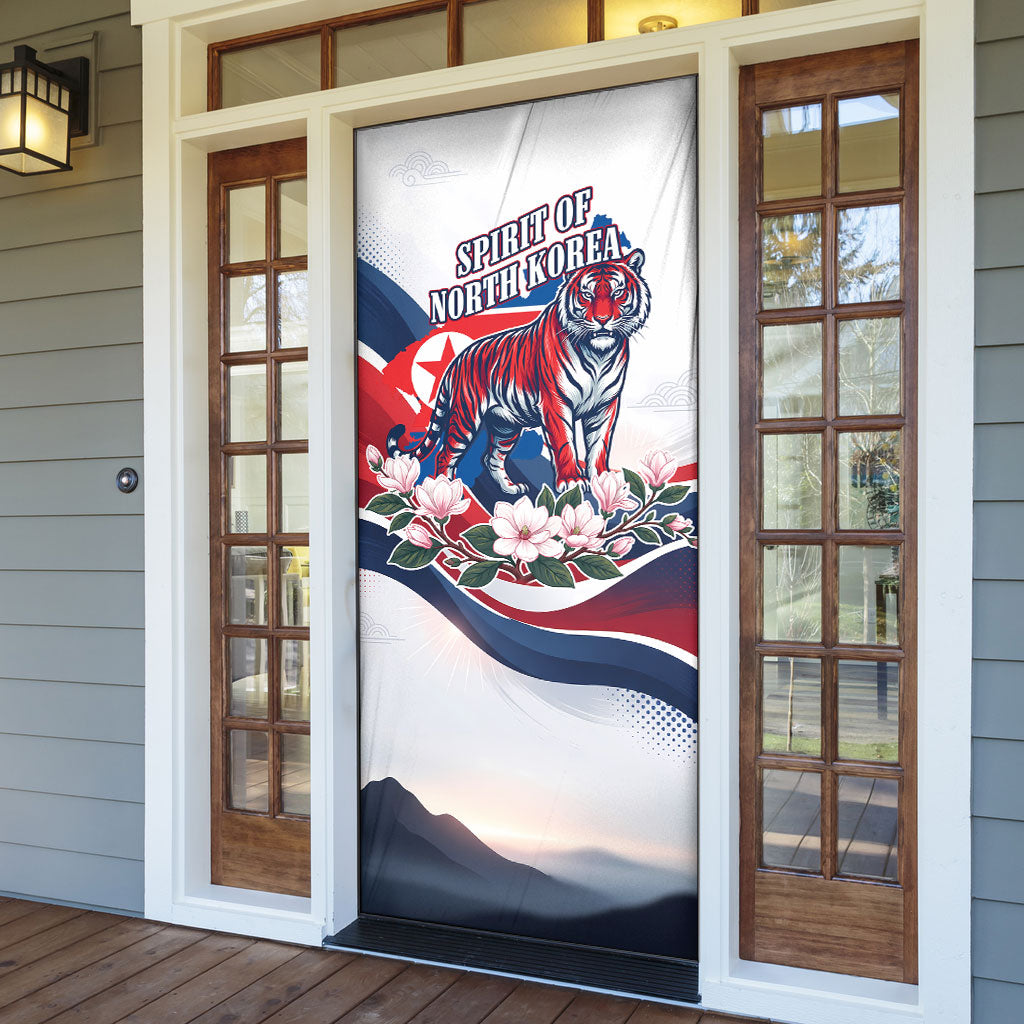 North Korea Flag Day Spirit Of North Korea Door Cover Flying Crane Graphic With Tiger Portrait And Magnolia Flowers