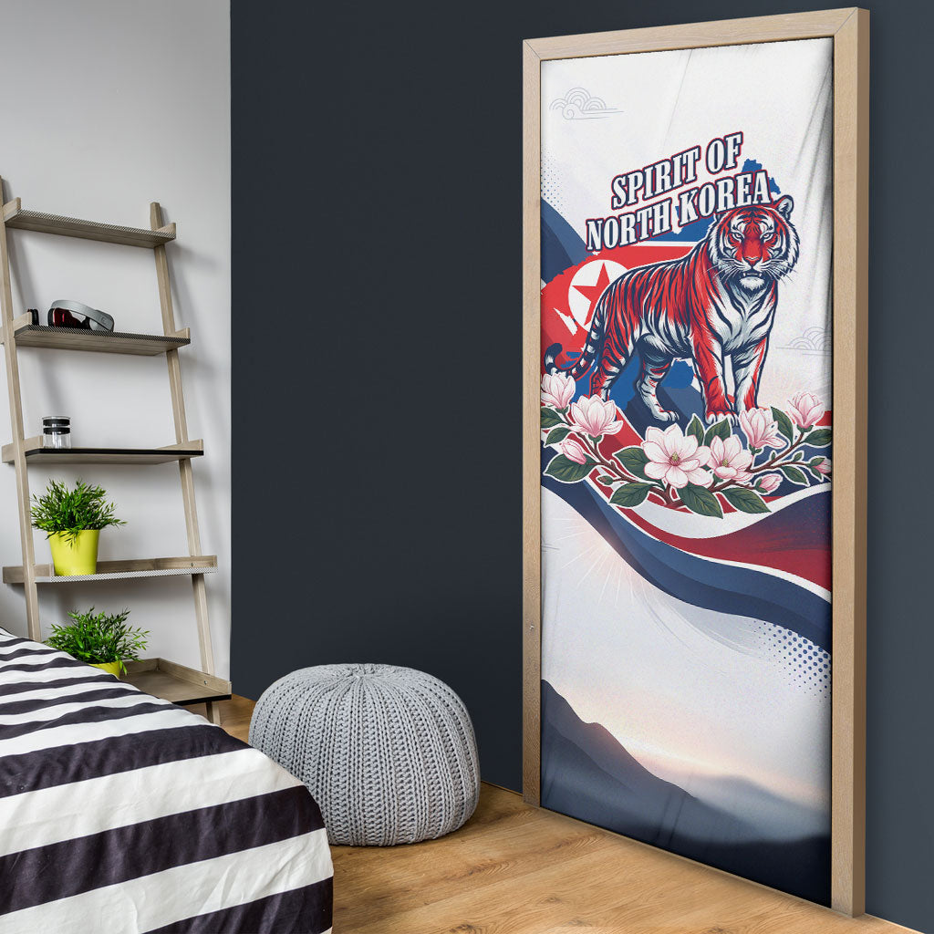 North Korea Flag Day Spirit Of North Korea Door Cover Flying Crane Graphic With Tiger Portrait And Magnolia Flowers