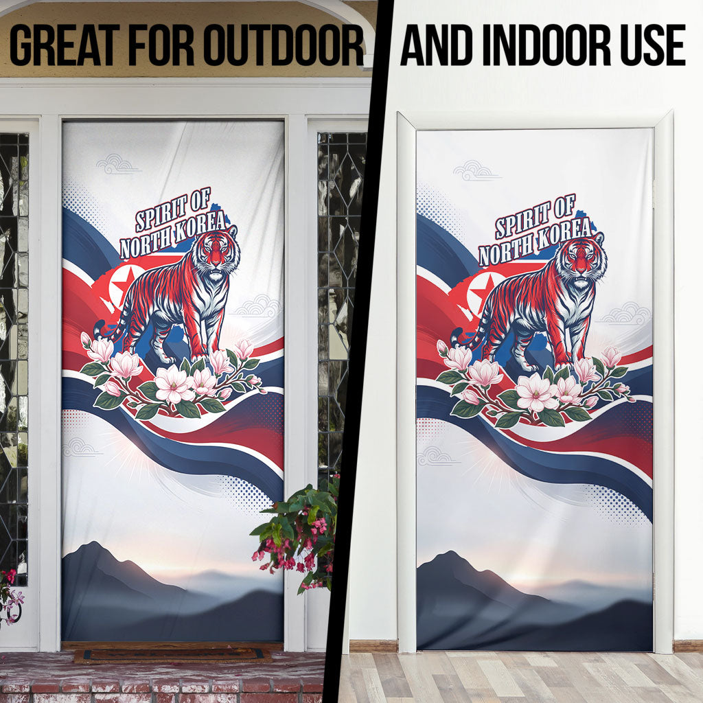 North Korea Flag Day Spirit Of North Korea Door Cover Flying Crane Graphic With Tiger Portrait And Magnolia Flowers