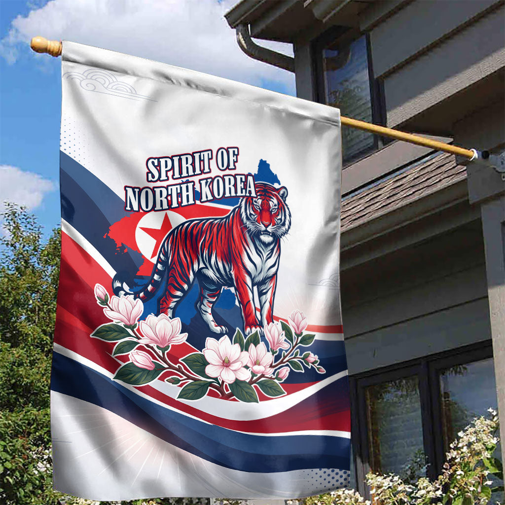 North Korea Flag Day Spirit Of North Korea Garden Flag Flying Crane Graphic With Tiger Portrait And Magnolia Flowers