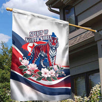 North Korea Flag Day Spirit Of North Korea Garden Flag Flying Crane Graphic With Tiger Portrait And Magnolia Flowers